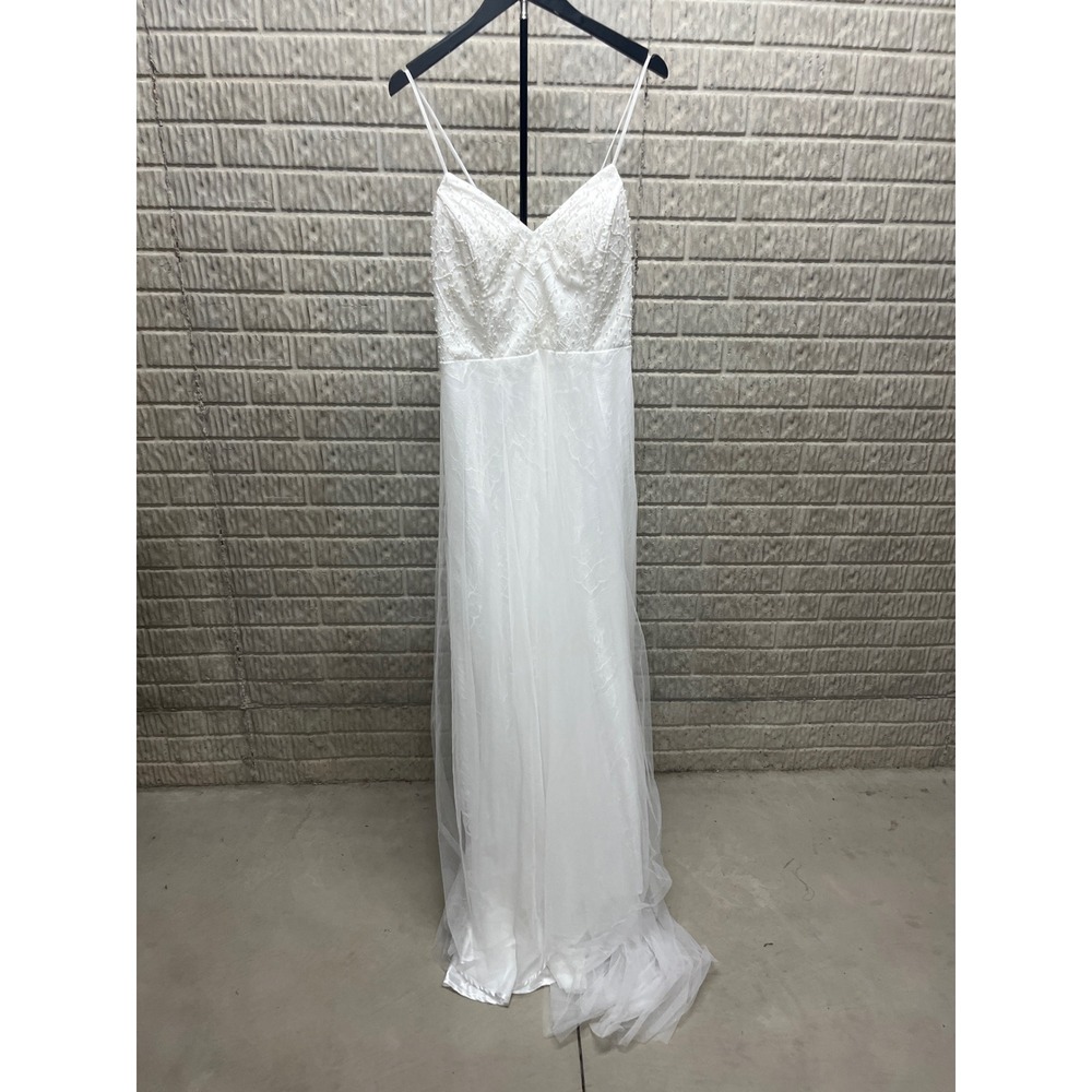 Lulus White Lace Pearl Beaded Tulle Wedding Dress Maxi Gown XL NEW